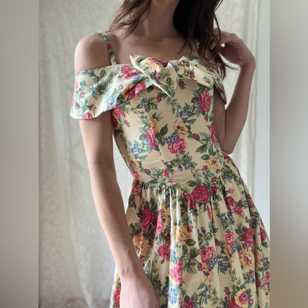 Vintage 80s All That Jazz Drop Waist Floral Dress Corset Style & Lace Ruffle - Picture 9 of 16